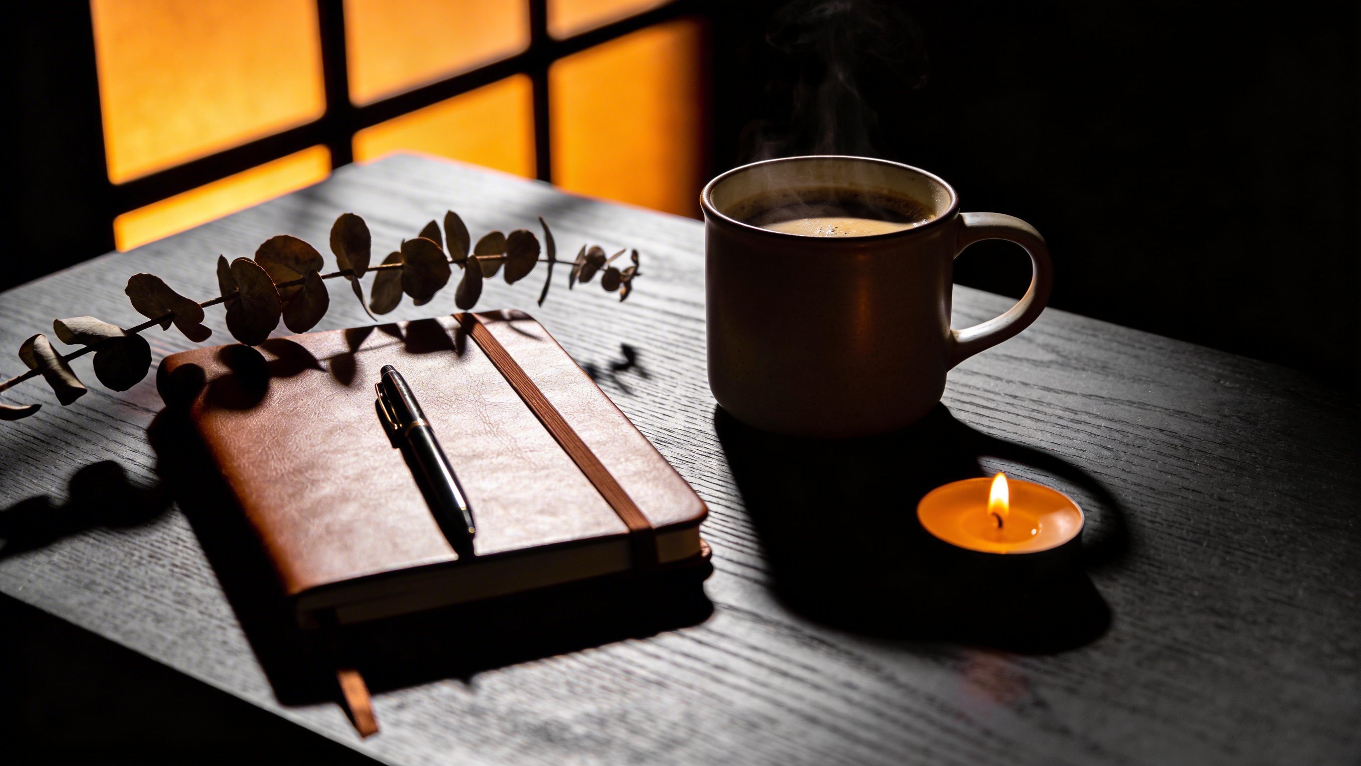 Bible and journal on a warm wooden table